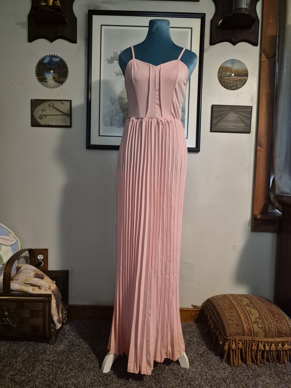 Pink Faux Corset Pleated Floor Length Maxi Dress